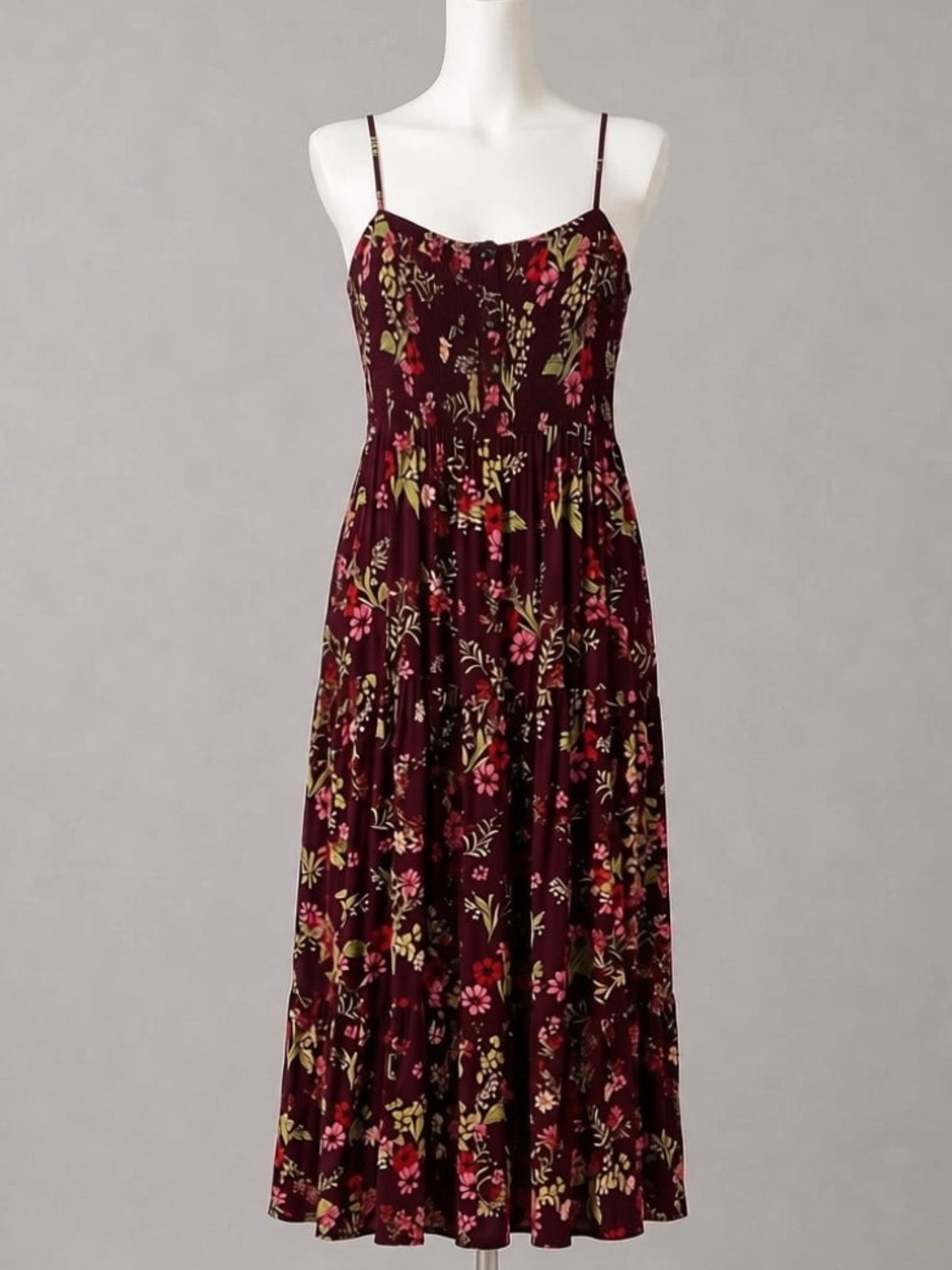 Steve Madden Floral Smocked Maxi Dress Boho Tiered Skirt Maroon Size Large